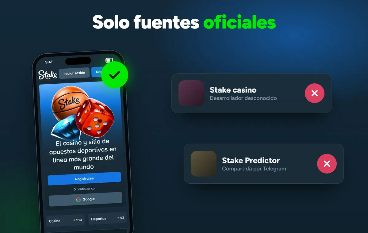 APK auténtico de Stake al lado de archivos APK modificados y «predictores»