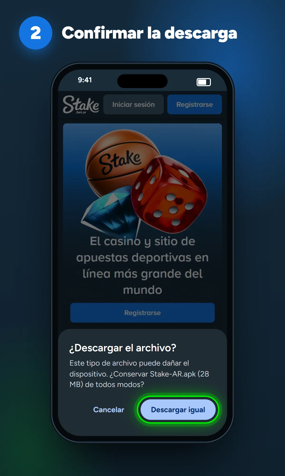 Confirmación de descarga del APK de Stake en Chrome