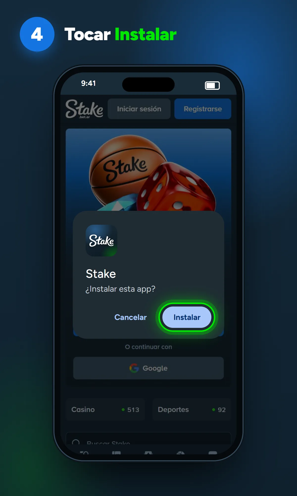 Instalador de paquetes de Android pidiendo confirmar la instalación de Stake