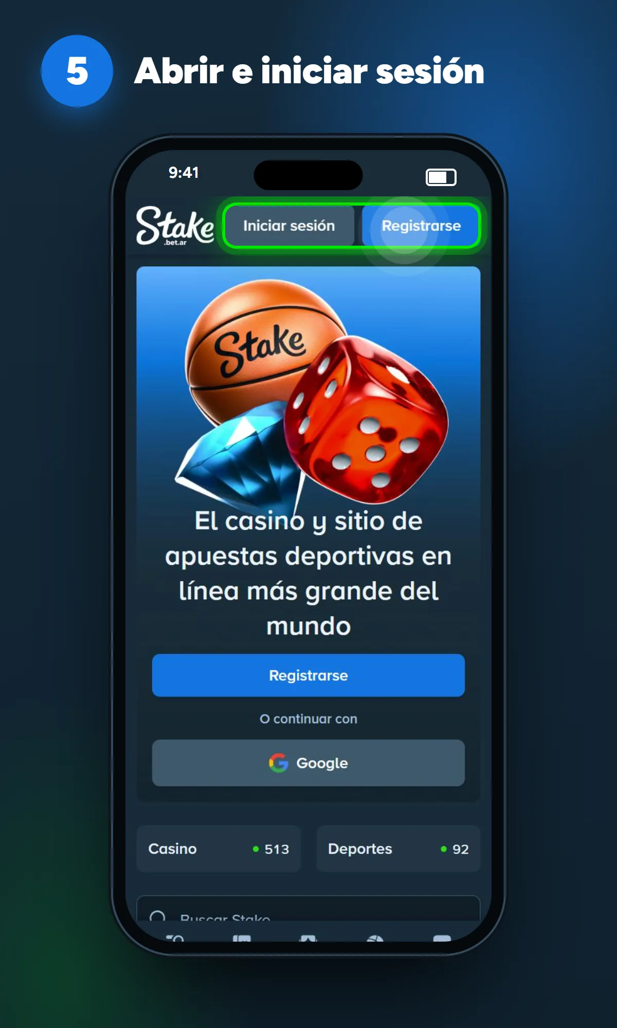 App de Stake abierta después de la instalación, con los botones para iniciar sesión y registrarse