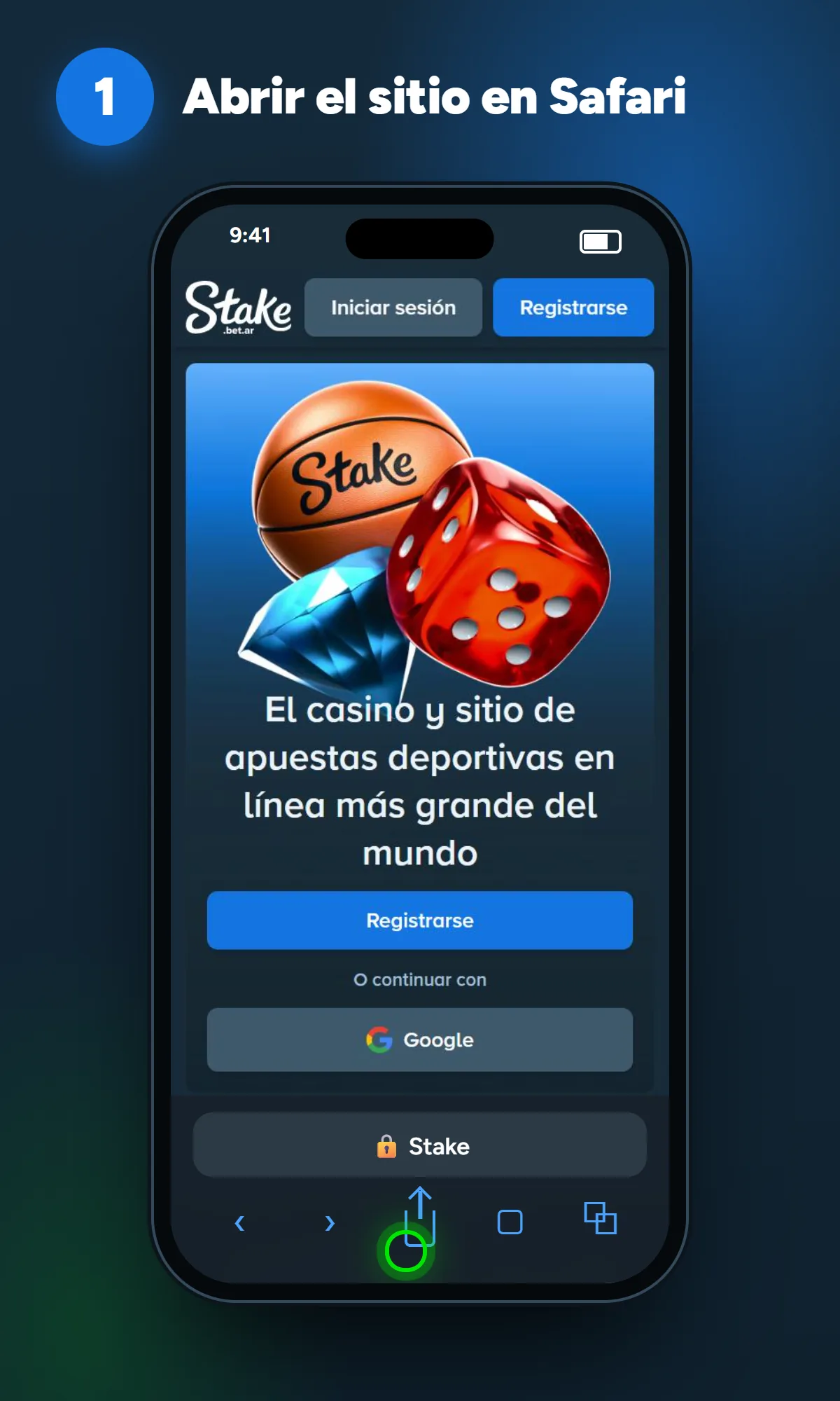 Sitio de Stake abierto en Safari en un iPhone con el botón Compartir resaltado