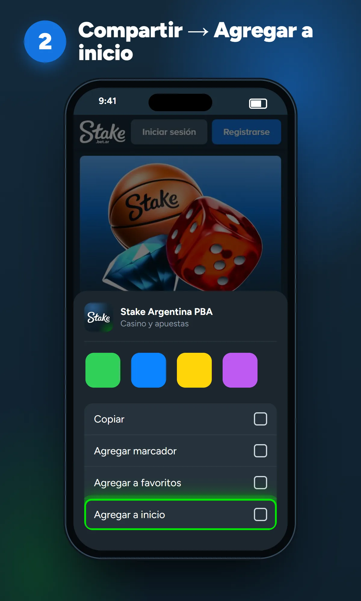 Hoja para compartir de Safari con «Agregar a inicio» resaltado
