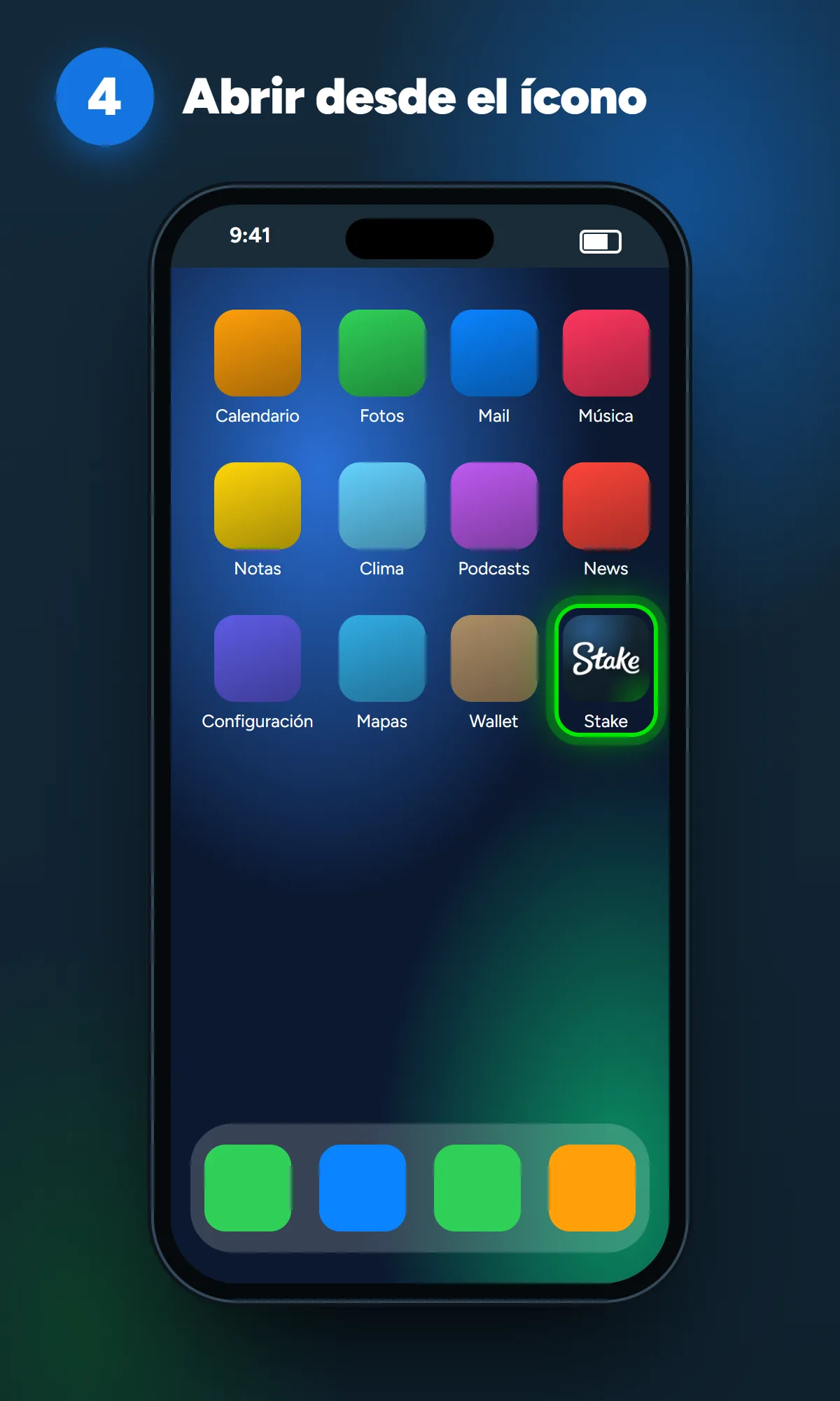 Pantalla de inicio del iPhone con el ícono de Stake