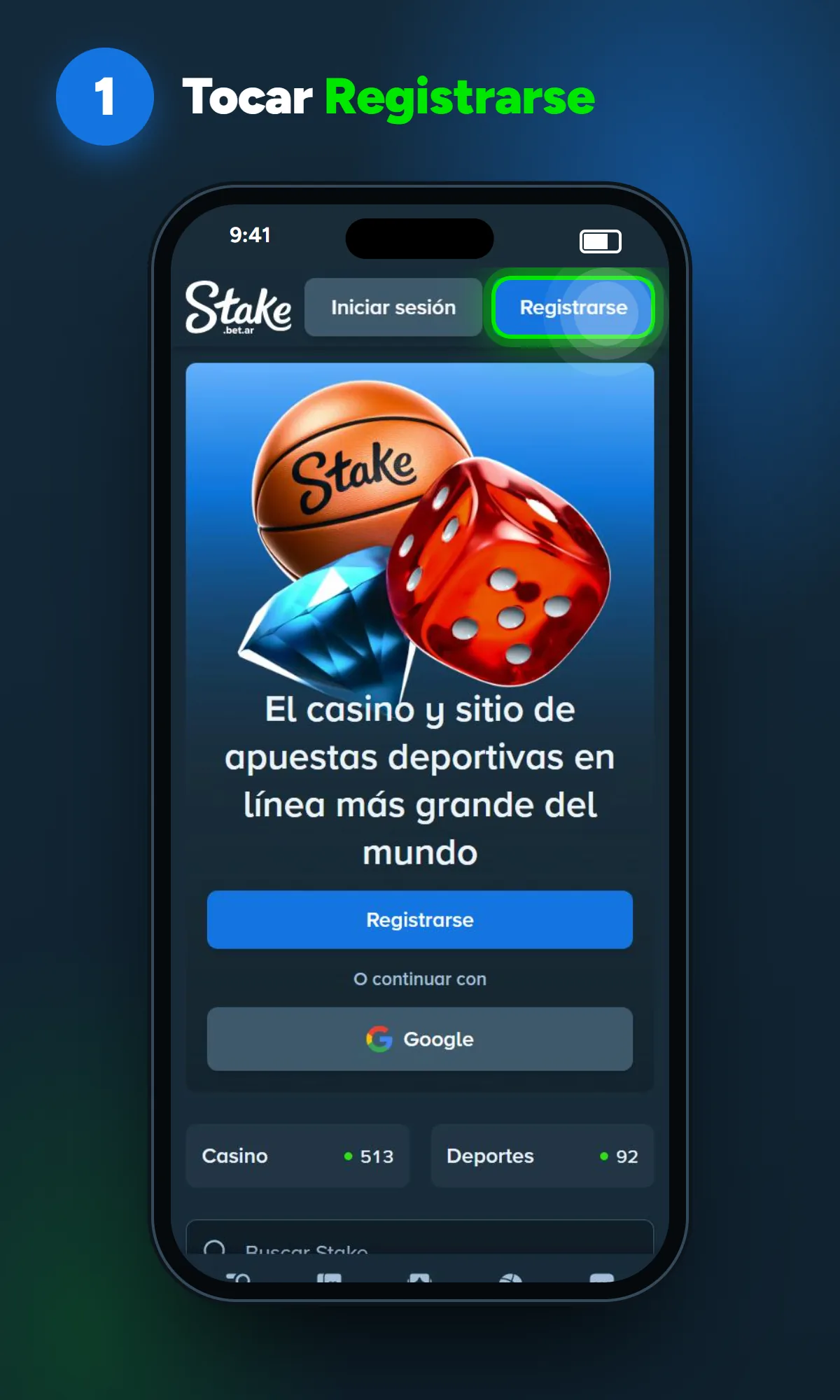 Botón «Registrarse» en la pantalla de inicio de la app de Stake