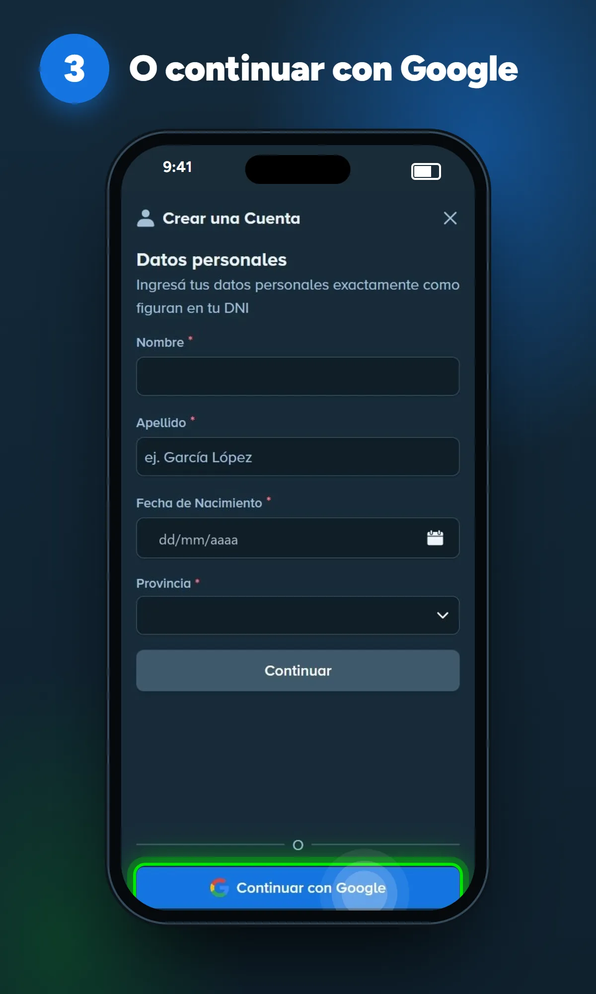Opción «Continuar con Google» en el formulario de registro